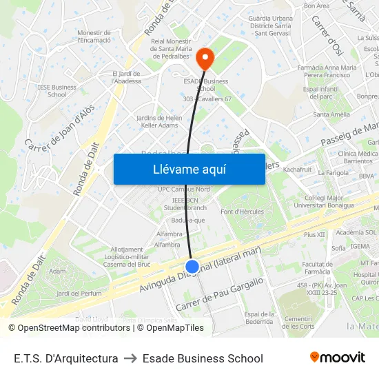 E.T.S. D'Arquitectura to Esade Business School map