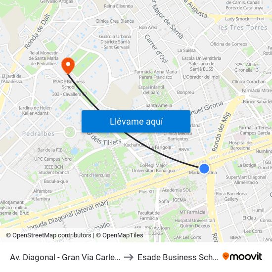 Av. Diagonal - Gran Via Carles III to Esade Business School map