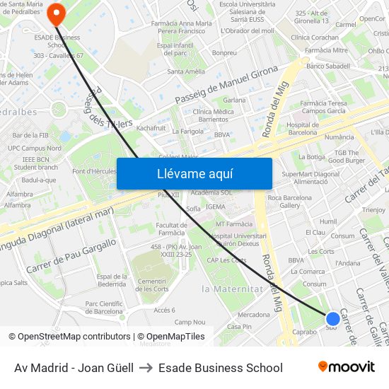 Av Madrid - Joan Güell to Esade Business School map