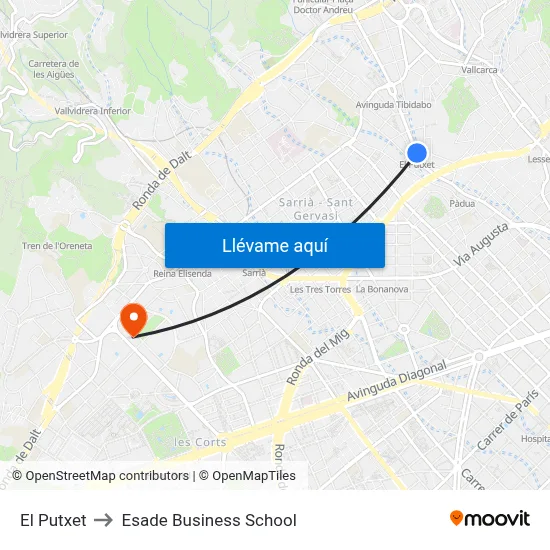 El Putxet to Esade Business School map
