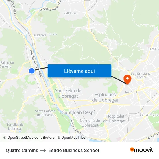 Quatre Camins to Esade Business School map