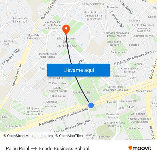 Palau Reial to Esade Business School map