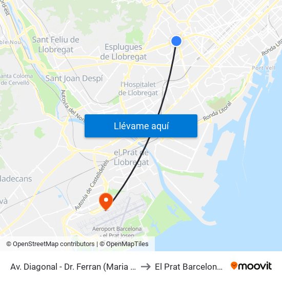 Av. Diagonal - Dr. Ferran (Maria Cristina) to El Prat Barcelona -T2b map