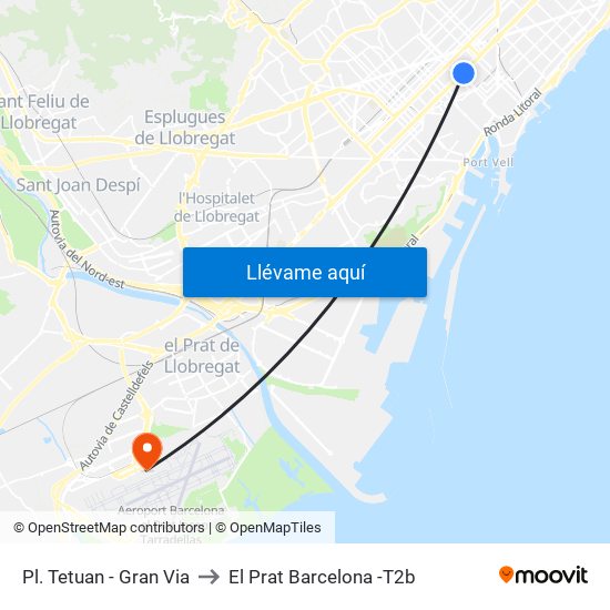 Pl. Tetuan - Gran Via to El Prat Barcelona -T2b map