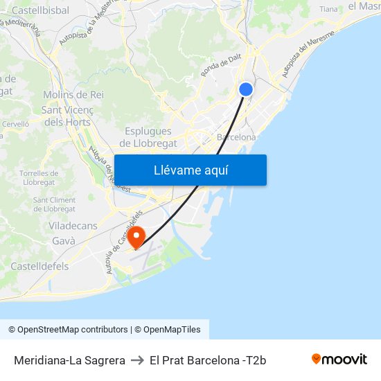 Meridiana-La Sagrera to El Prat Barcelona -T2b map