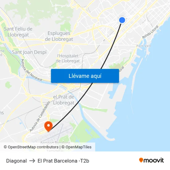 Diagonal to El Prat Barcelona -T2b map
