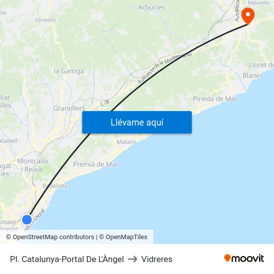 Pl. Catalunya-Portal De L'Àngel to Vidreres map