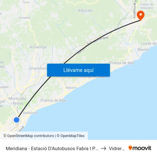 Meridiana - Estació D'Autobusos Fabra I Puig to Vidreres map