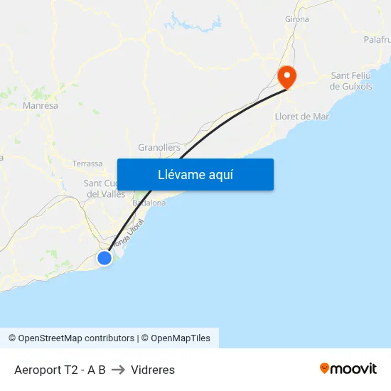 Aeroport T2 - A B to Vidreres map