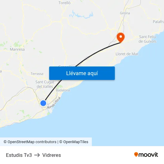 Estudis Tv3 to Vidreres map
