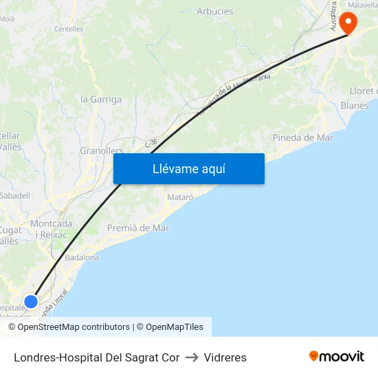 Londres-Hospital Del Sagrat Cor to Vidreres map