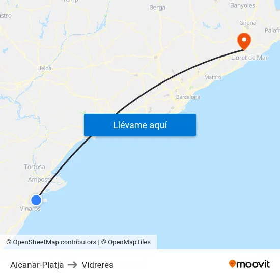 Alcanar-Platja to Vidreres map