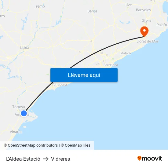 L'Aldea-Estació to Vidreres map