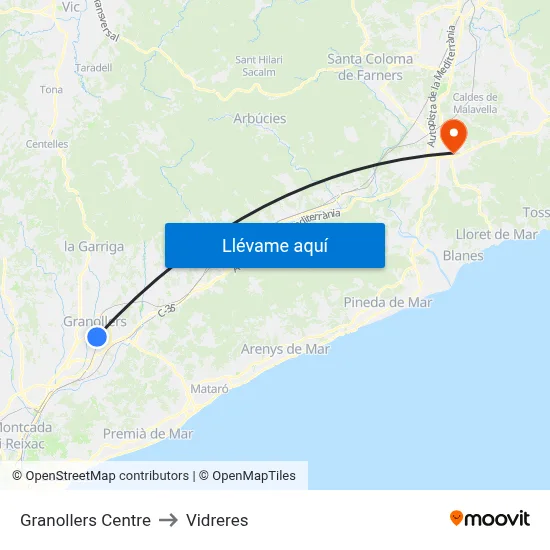 Granollers Centre to Vidreres map
