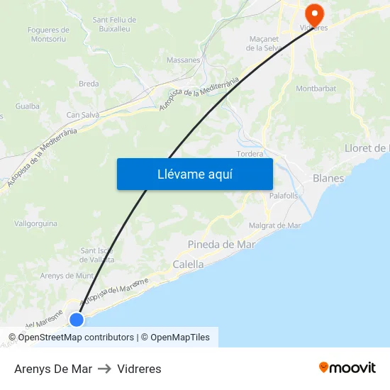 Arenys De Mar to Vidreres map