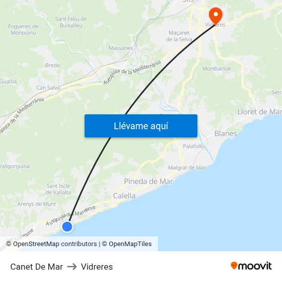 Canet De Mar to Vidreres map