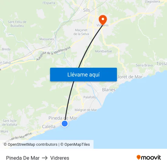 Pineda De Mar to Vidreres map