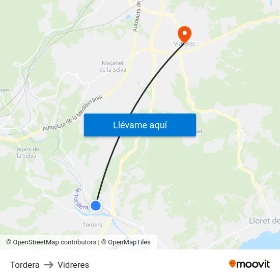 Tordera to Vidreres map