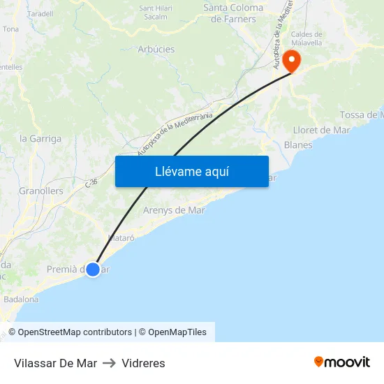 Vilassar De Mar to Vidreres map
