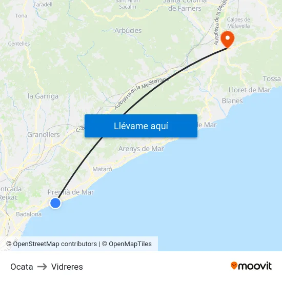 Ocata to Vidreres map