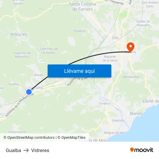 Gualba to Vidreres map