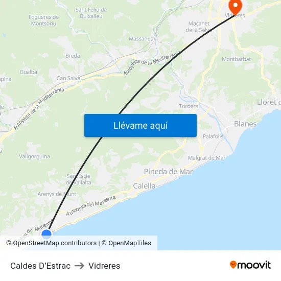 Caldes D’Estrac to Vidreres map