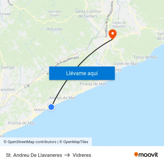 St. Andreu De Llavaneres to Vidreres map