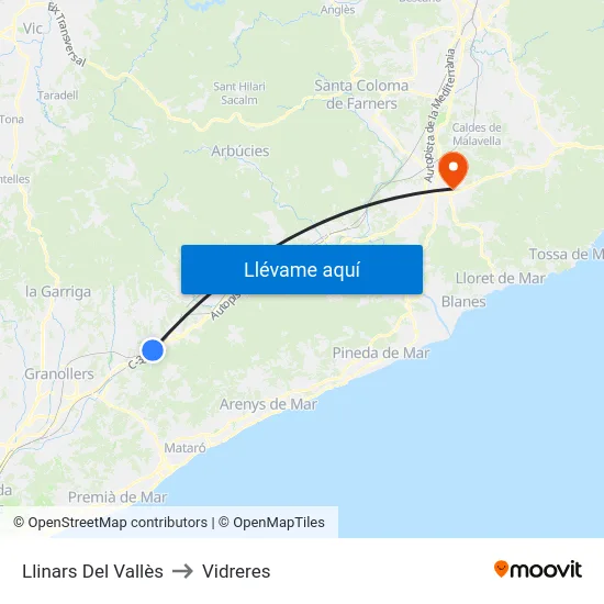 Llinars Del Vallès to Vidreres map