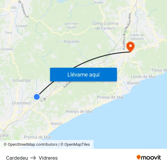 Cardedeu to Vidreres map