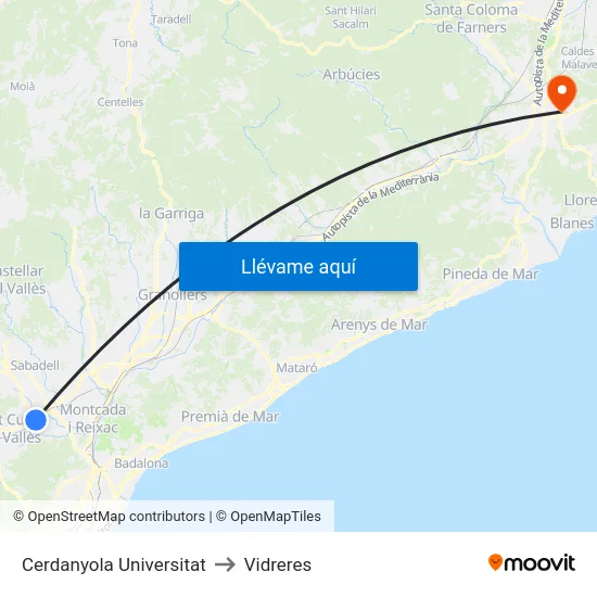 Cerdanyola Universitat to Vidreres map