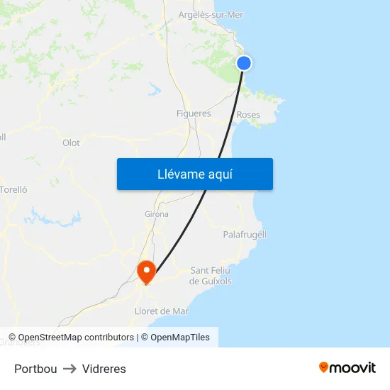 Portbou to Vidreres map