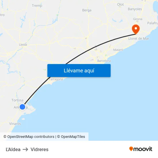 L'Aldea to Vidreres map