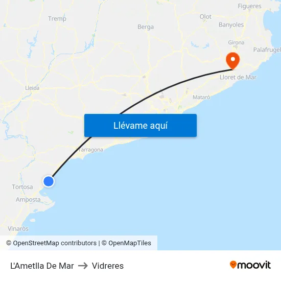 L'Ametlla De Mar to Vidreres map