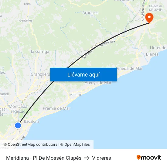 Meridiana - Pl De Mossèn Clapés to Vidreres map