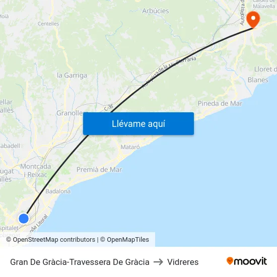 Gran De Gràcia-Travessera De Gràcia to Vidreres map