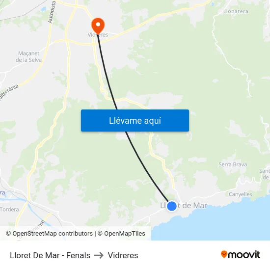 Lloret De Mar - Fenals to Vidreres map