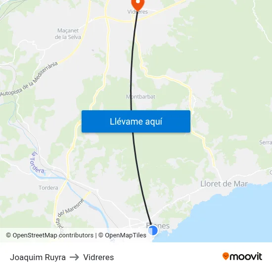 Joaquim Ruyra to Vidreres map