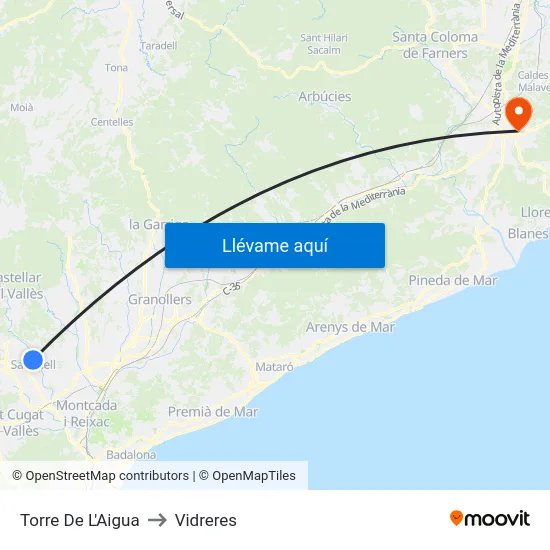Torre De L'Aigua to Vidreres map