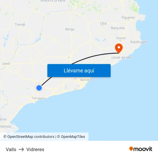 Valls to Vidreres map