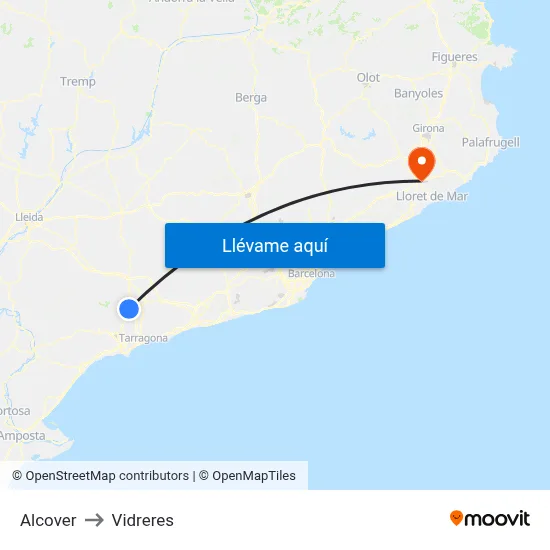 Alcover to Vidreres map