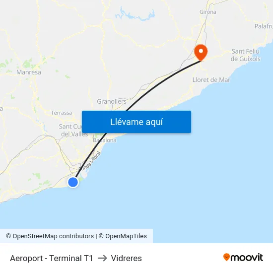 Aeroport - Terminal T1 to Vidreres map