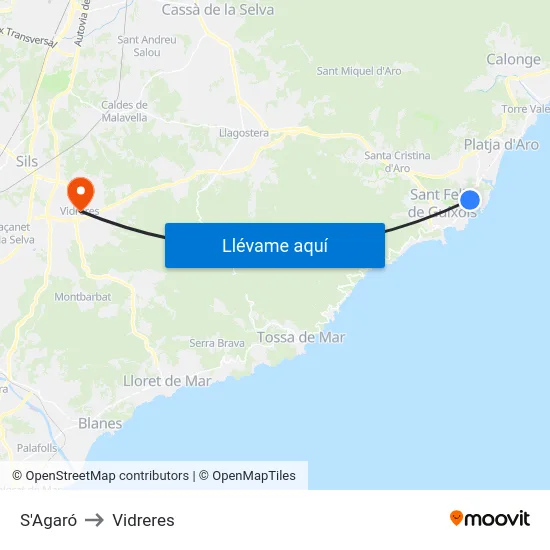 S'Agaró to Vidreres map