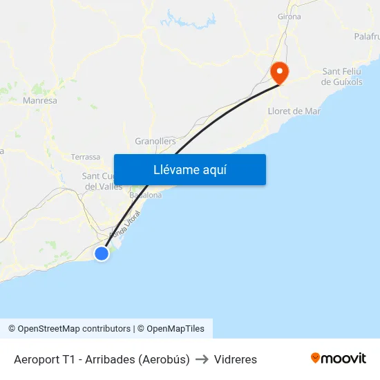 Aeroport T1 - Arribades to Vidreres map
