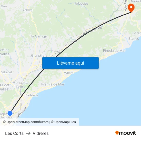 Les Corts to Vidreres map