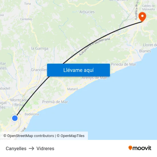 Canyelles to Vidreres map