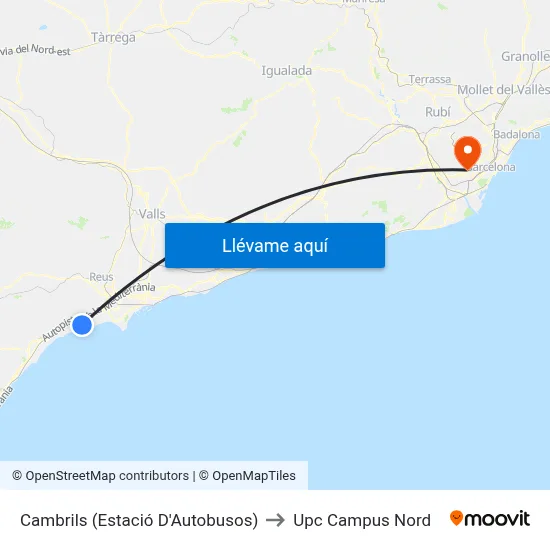 Cambrils (Estació D'Autobusos) to Upc Campus Nord map