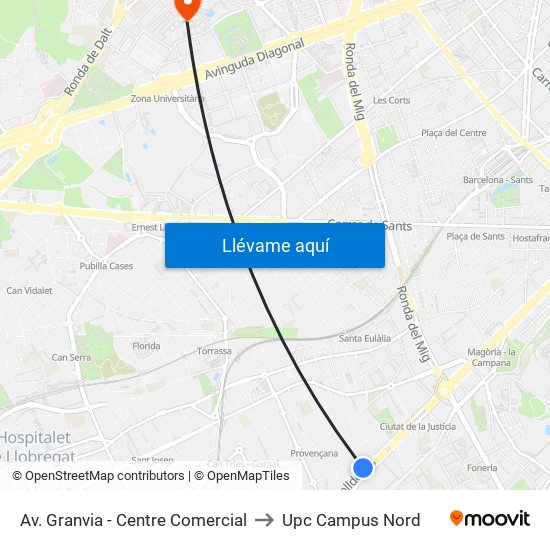 Av. Granvia - Centre Comercial to Upc Campus Nord map