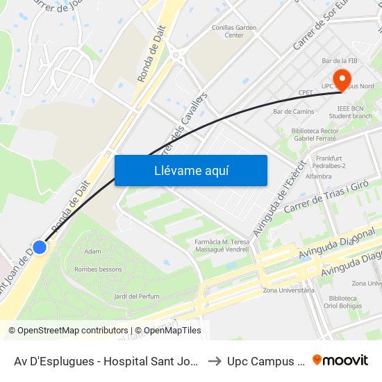 Av D'Esplugues - Hospital Sant Joan De Déu to Upc Campus Nord map