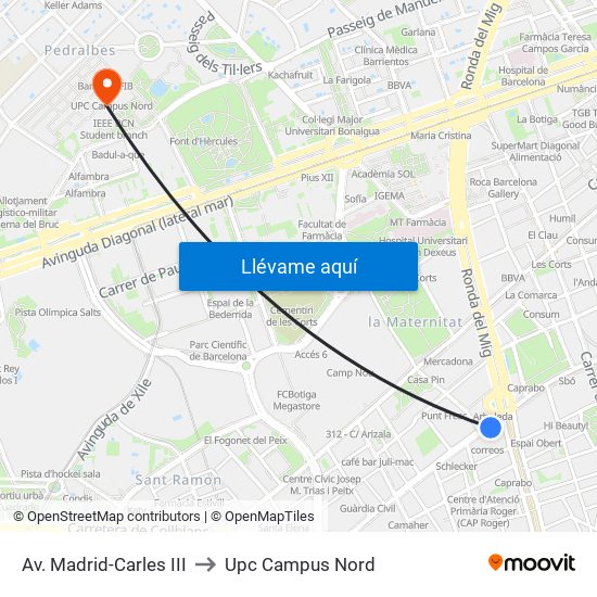 Av. Madrid-Carles III to Upc Campus Nord map