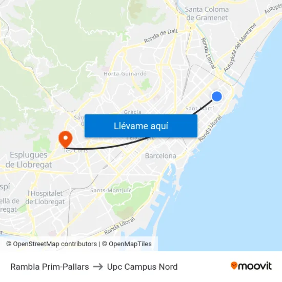 Rambla Prim-Pallars to Upc Campus Nord map